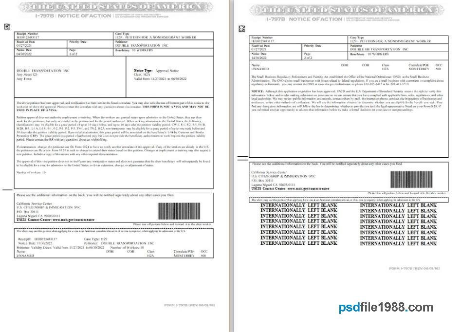 USA Notice of Action Form I-797B